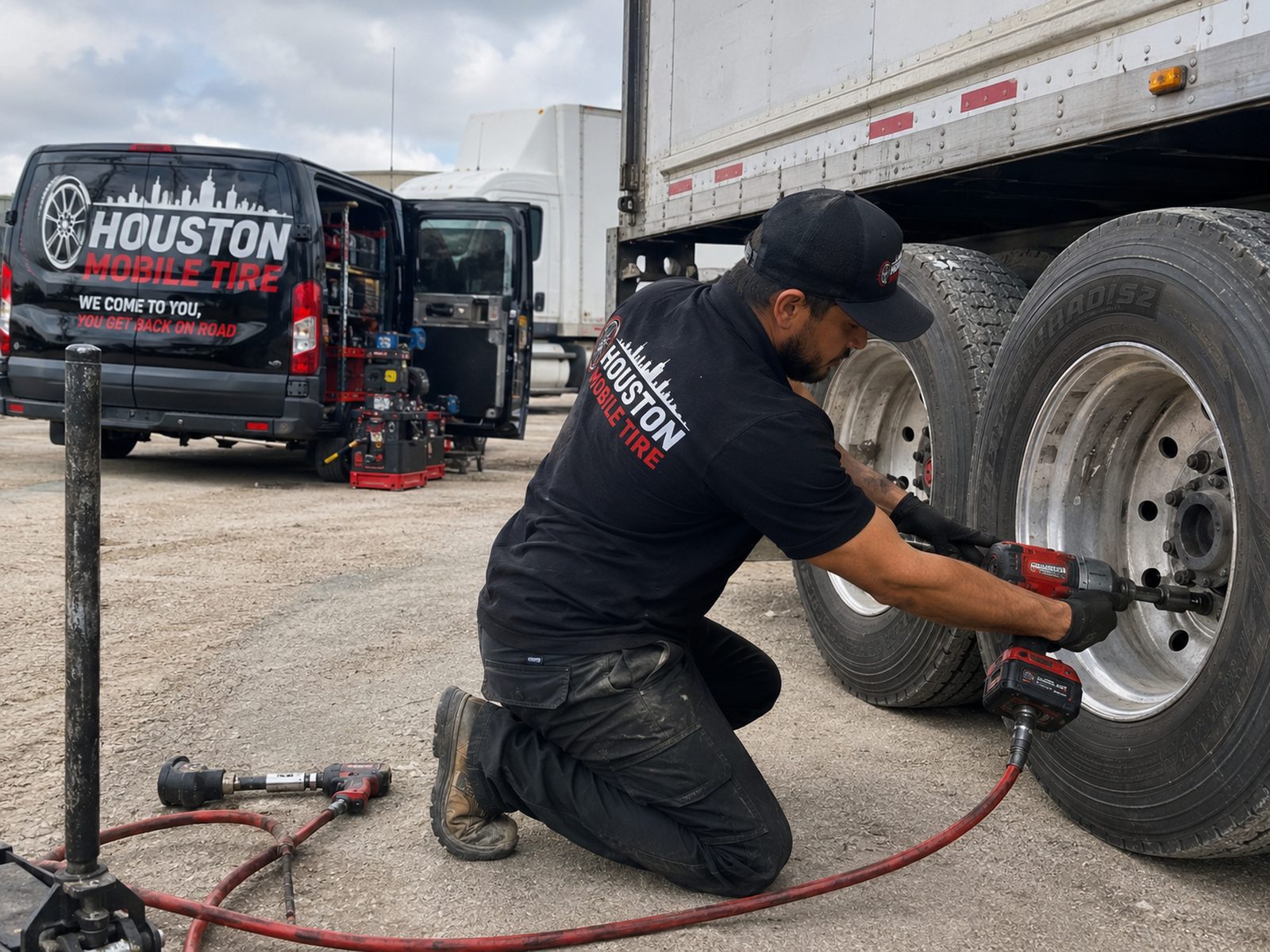 Houston Mobile Tire technician changing a commercial truck tire on-site next to the branded service van